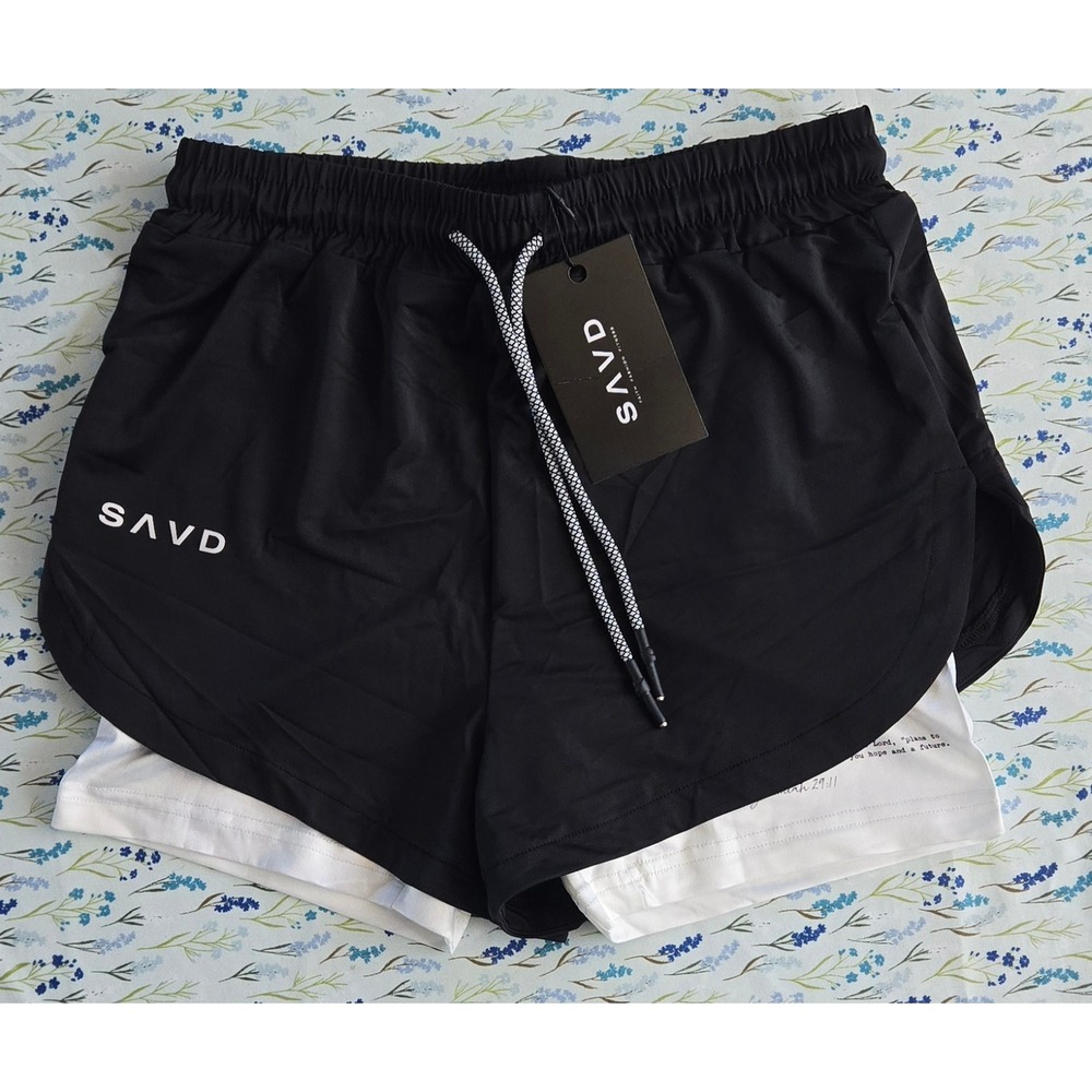 SAVD Faith Fashion Fitness 2-in-1 Running Shorts Black White Butterfly XS NWT